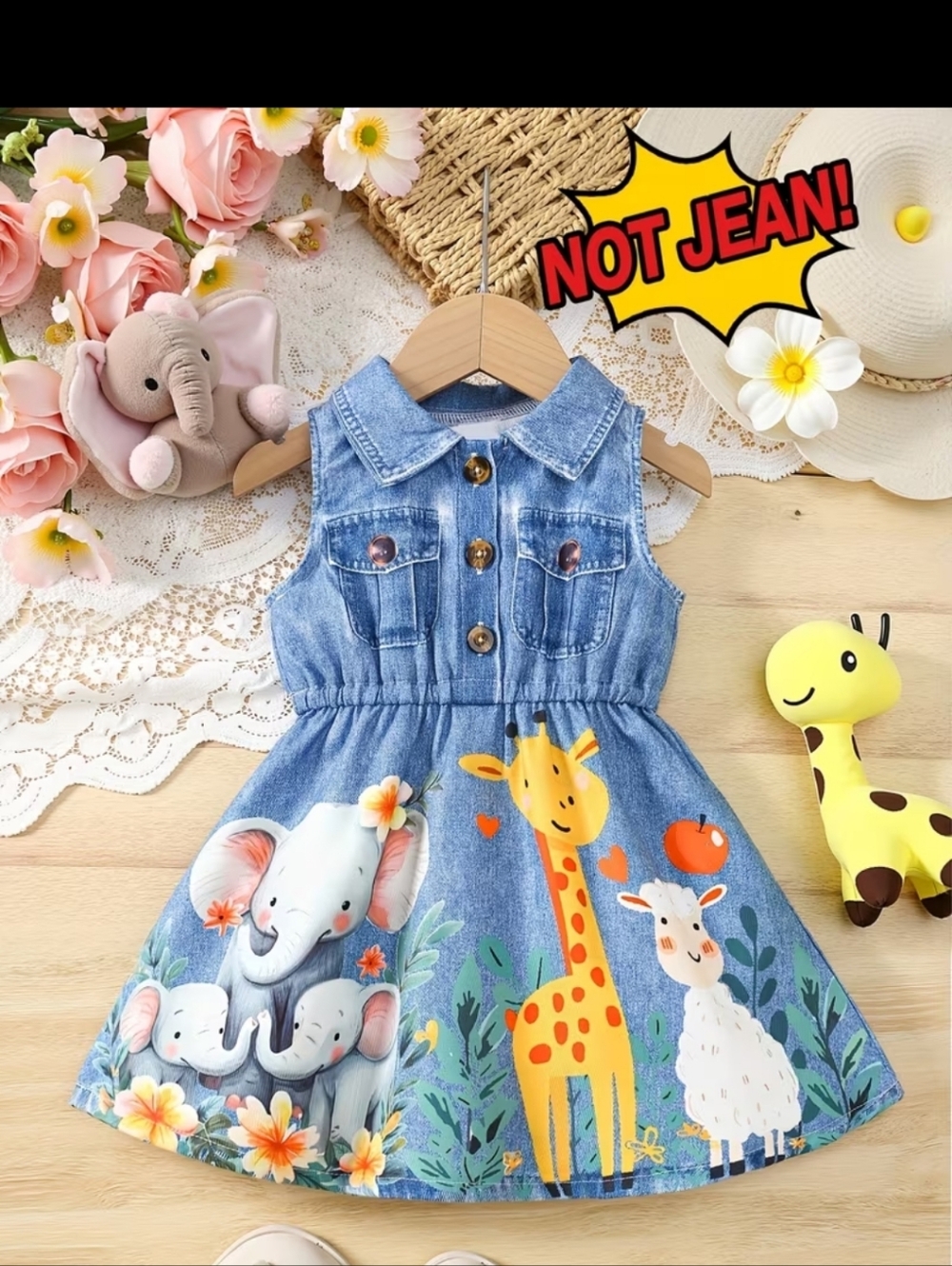 New Cute Denim-Look Kids Dress with Jungle Animal Print 2-3yr #1367-344